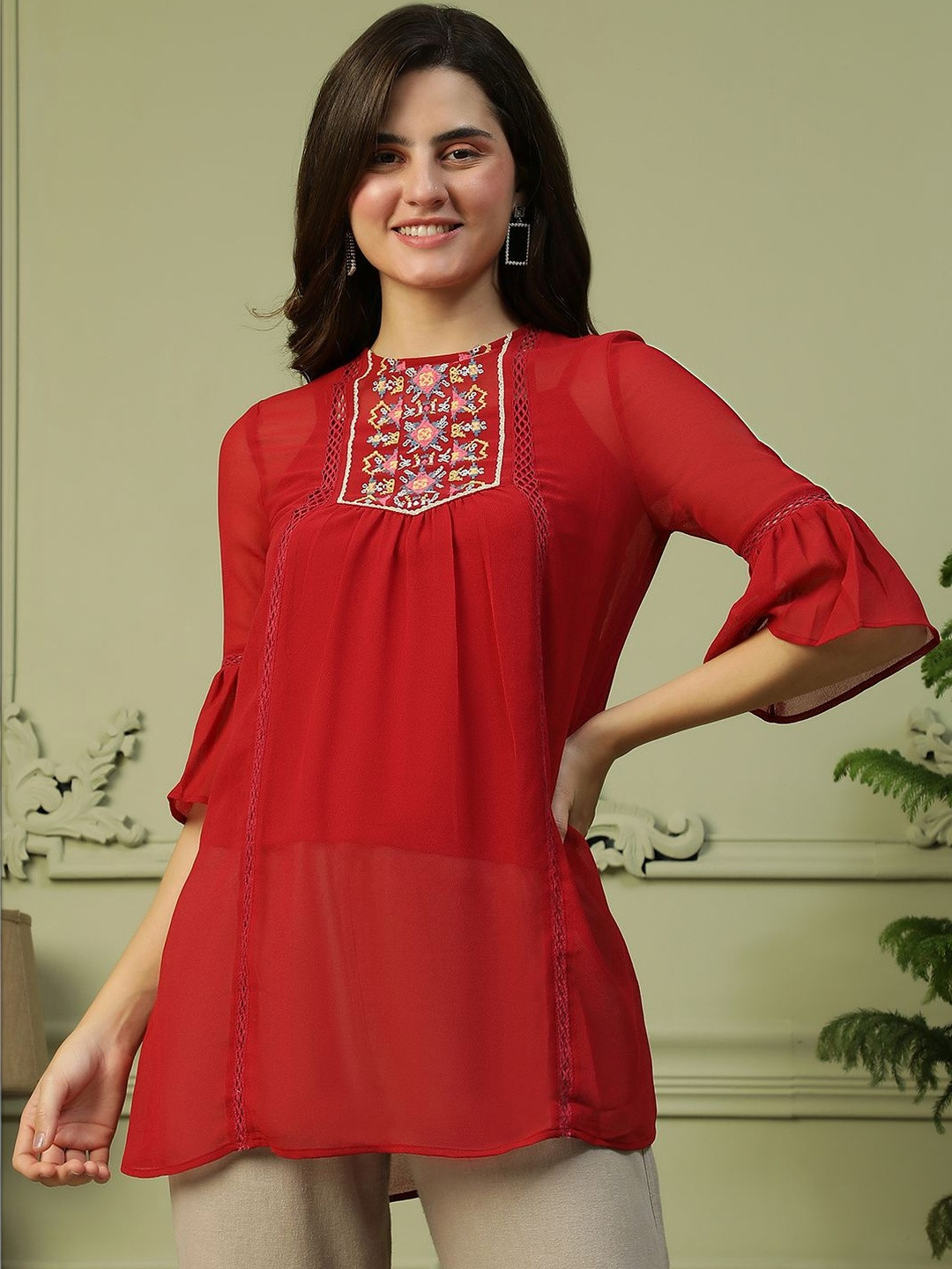Oxolloxo Embroidered Bell Sleeve Ethnic Schiffli Top