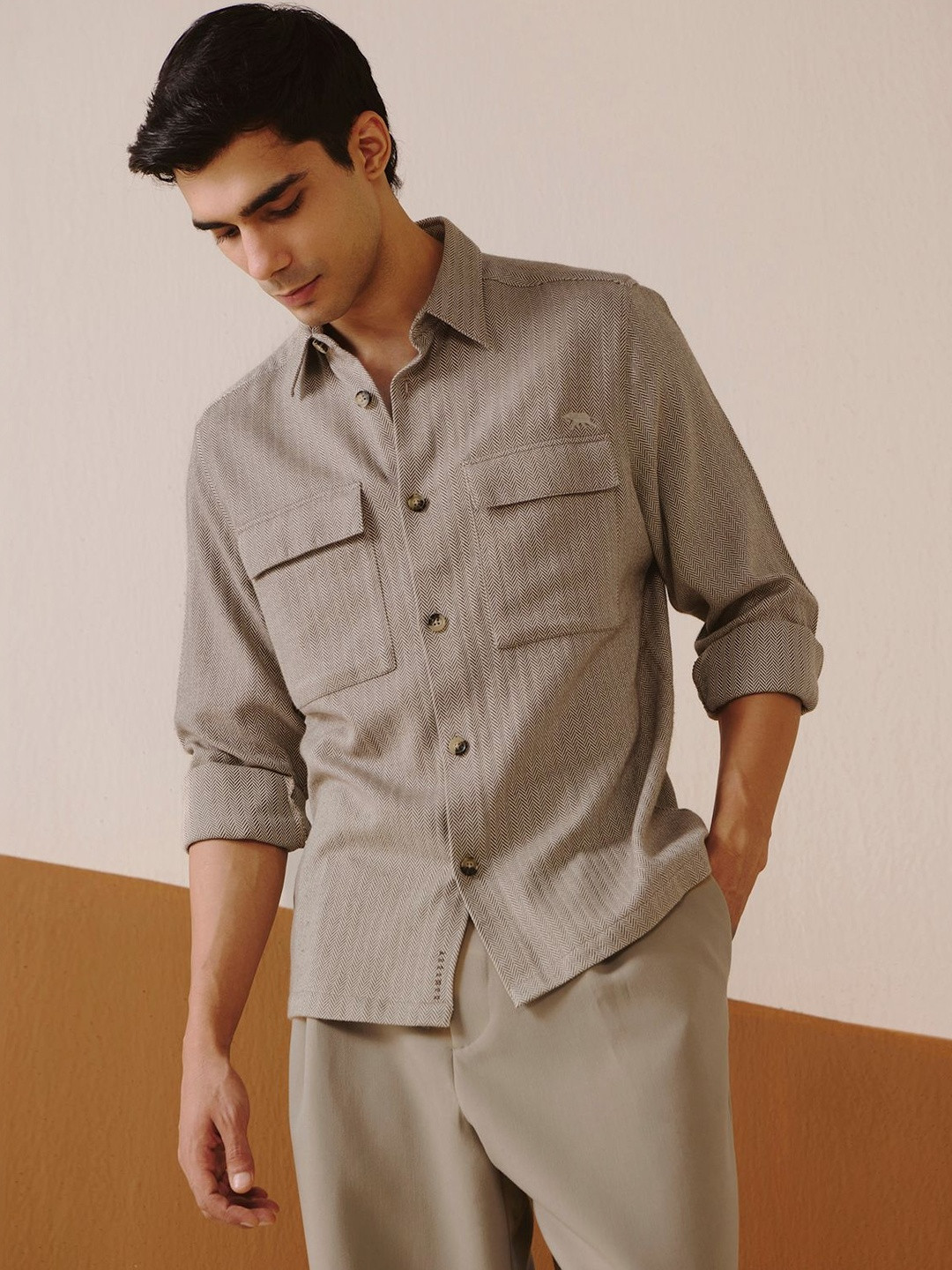 Andamen Men Cotton Melange Double Pocket Regular Fit Semi Casual Shirts