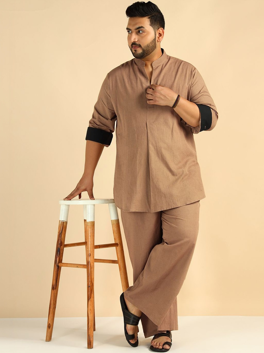 Amanush Men Pure Cotton Mandarin Neck & Long Sleeves Shirt With Trouser Co-Ords