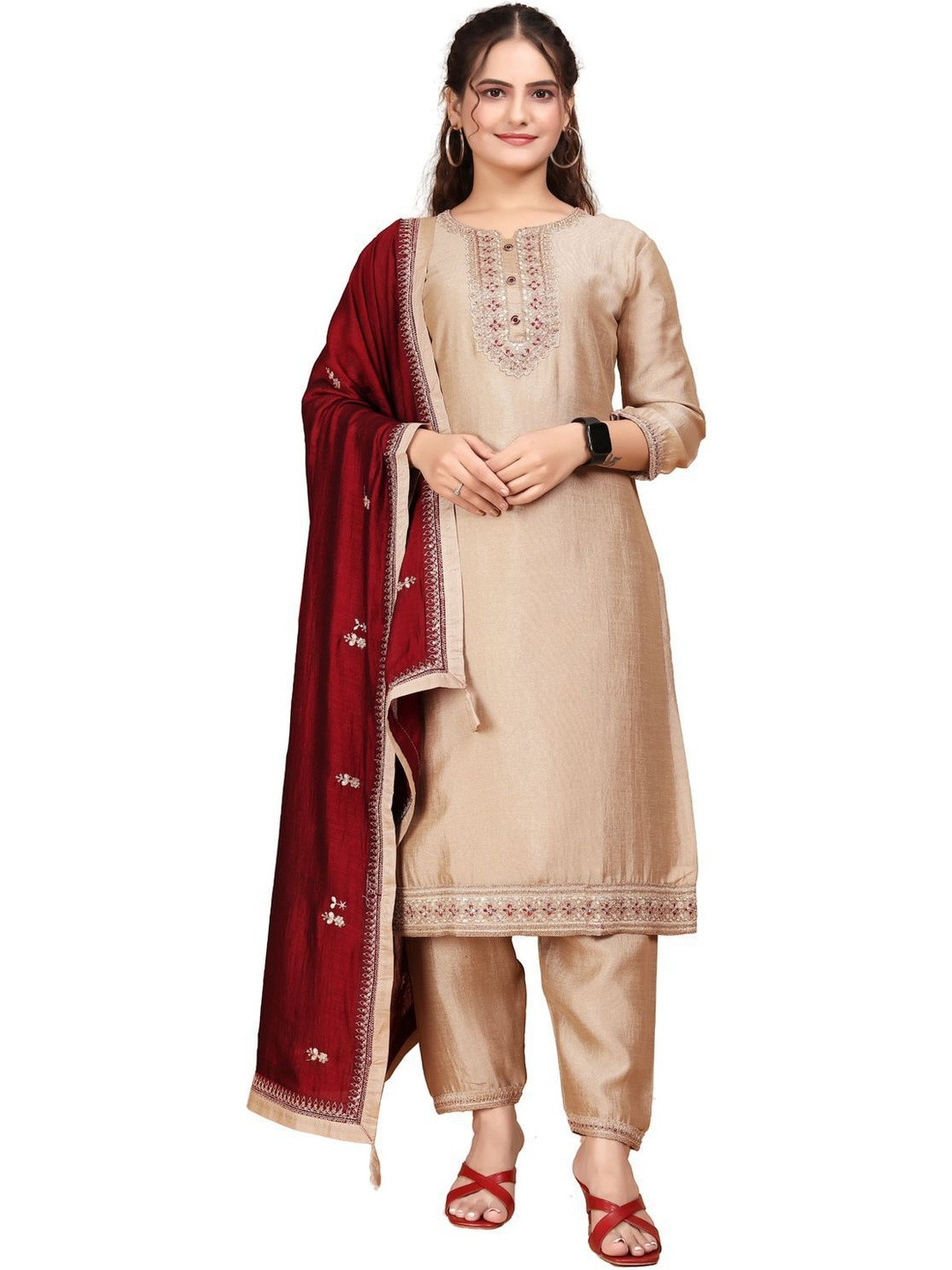 New Gravity Export Women Ethnic Motifs Embroidered Regular Thread Work Kurta with Trousers & With Dupatta
