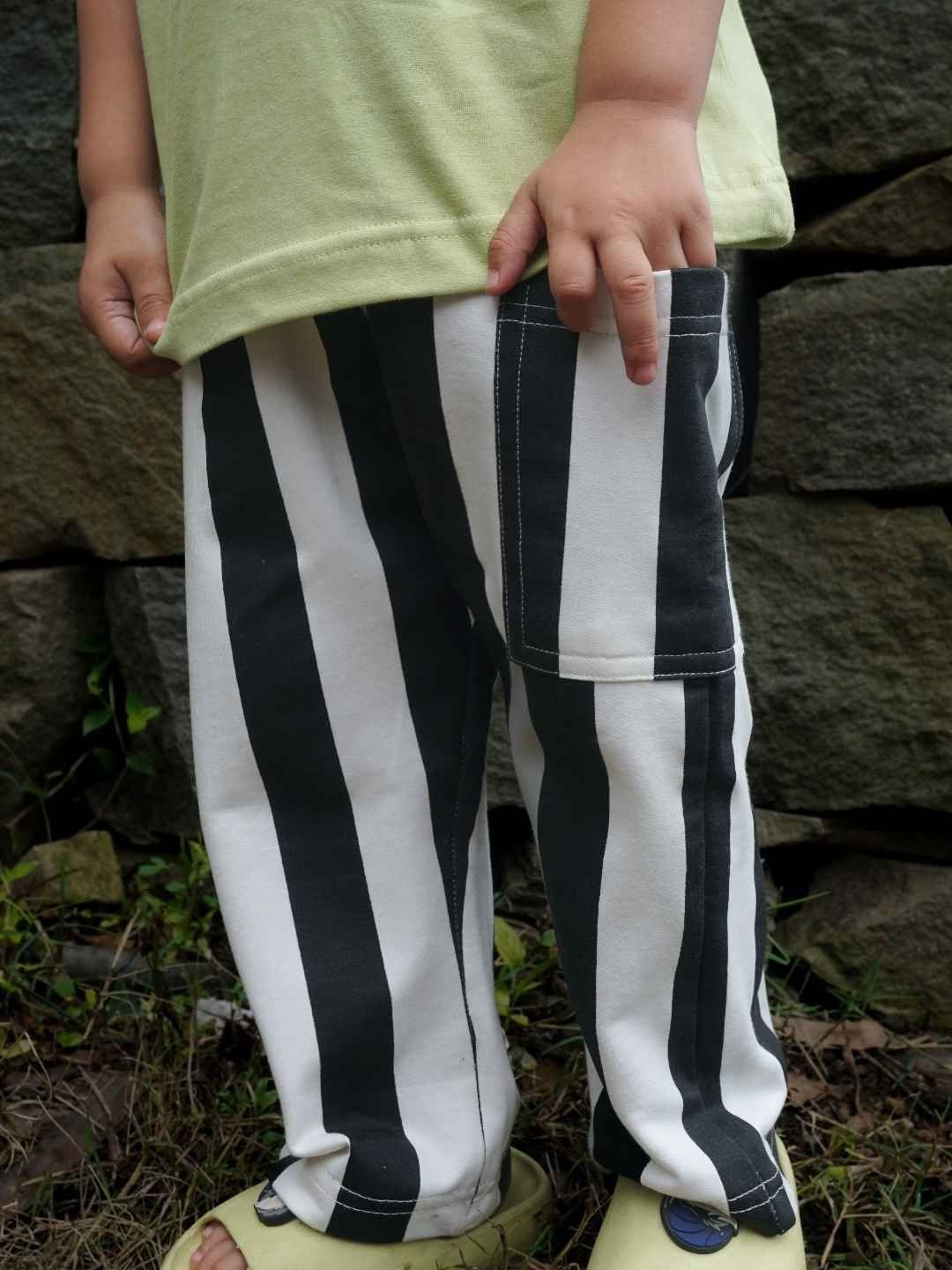 Gozi Kids Striped Monochrome Mid-Rise Inner Elastic Cargo Style Lounge Pants