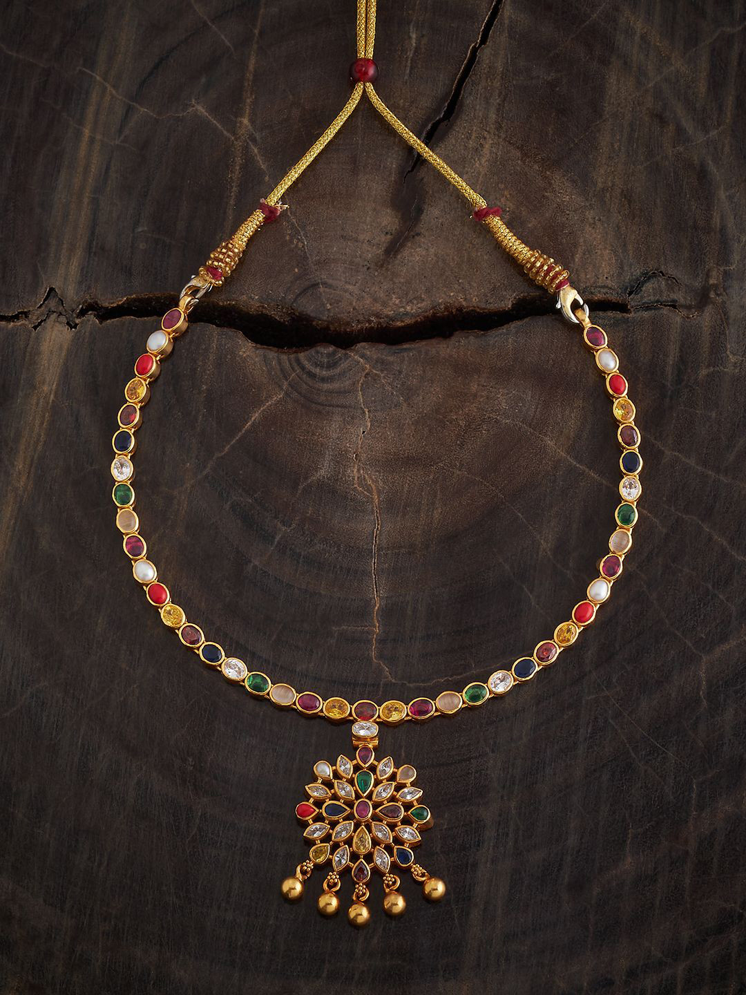 Kushal's Fashion Jewellery Embellished Bridal 92.5 Silver Navaratna Temple Necklace