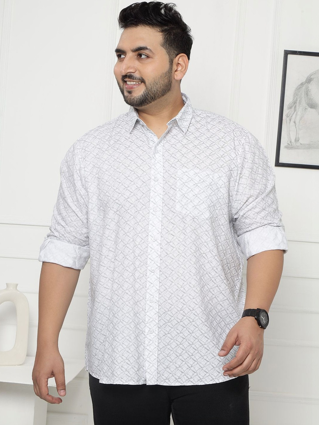 John Pride Plus Size Men Printed Pure Cotton Casual Shirt