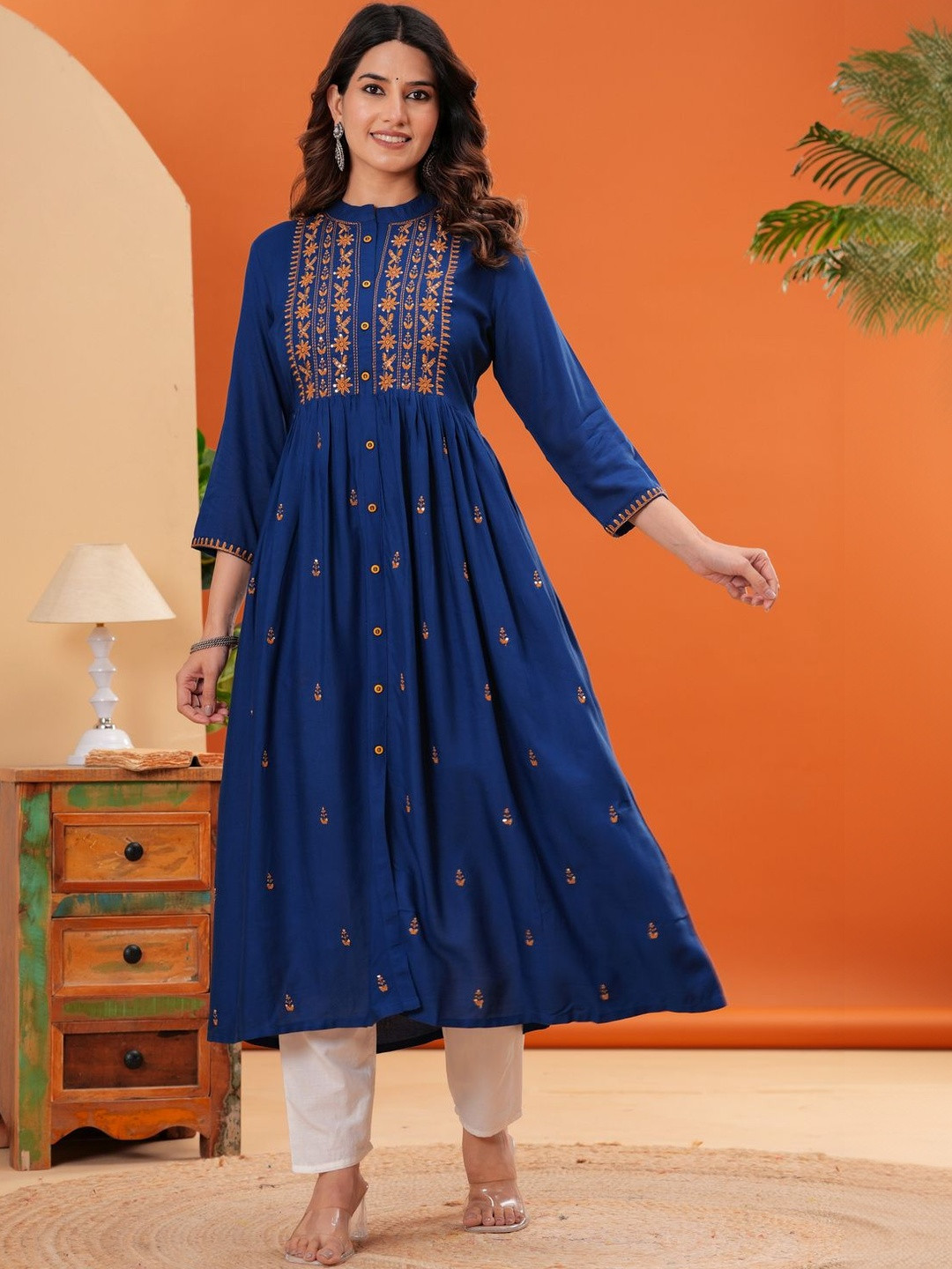 NavNari Ethnic Motifs Embroidered A-Line Maxi Dress
