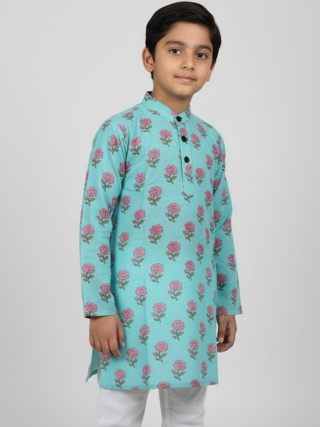 Sangria Boys Printed Cotton Mandarin Collar Straight Kurta Set
