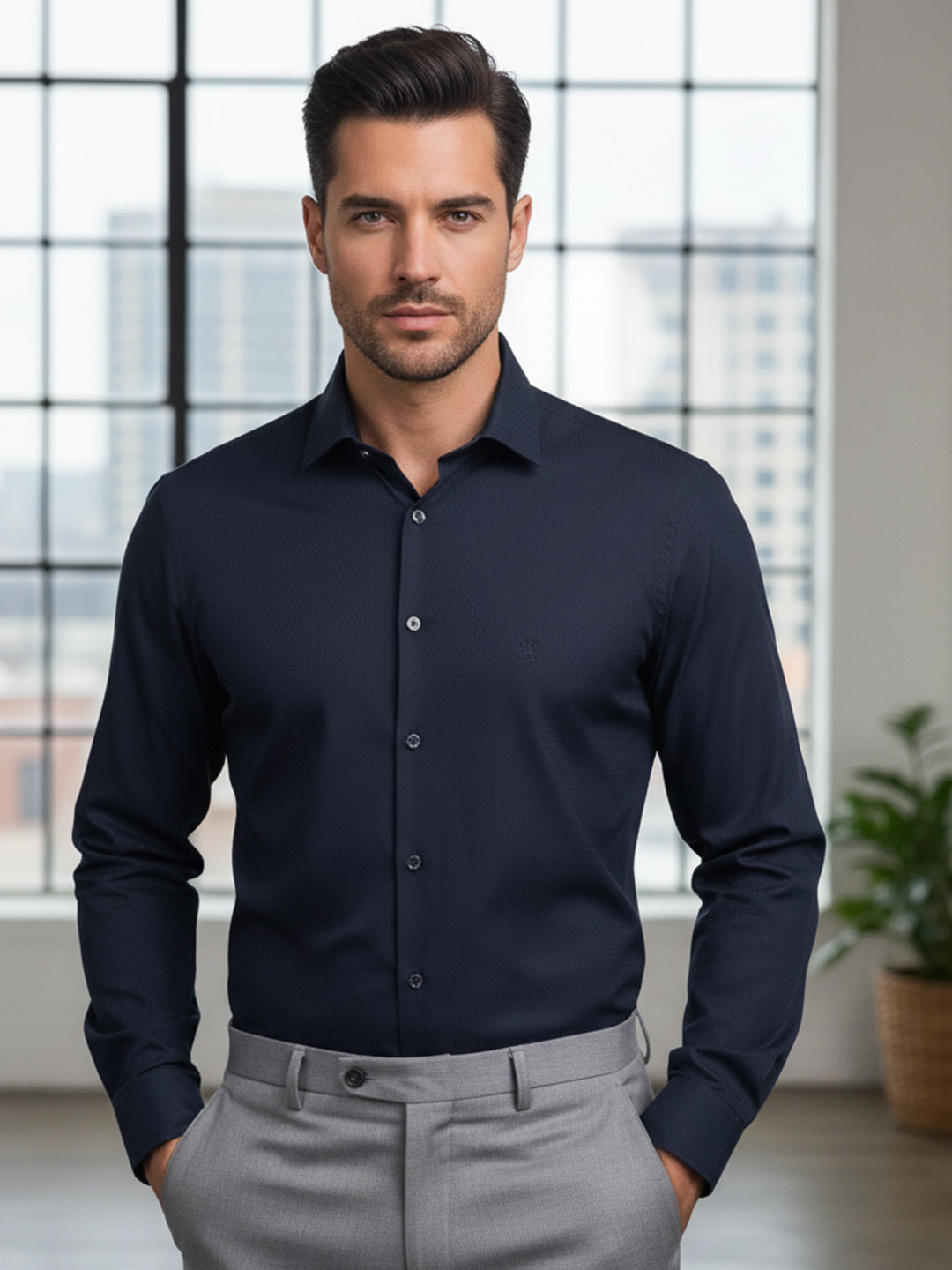 ALMATY Men Comfort Slim Fit Solid Spread Collar Pure Cotton Formal Shirt