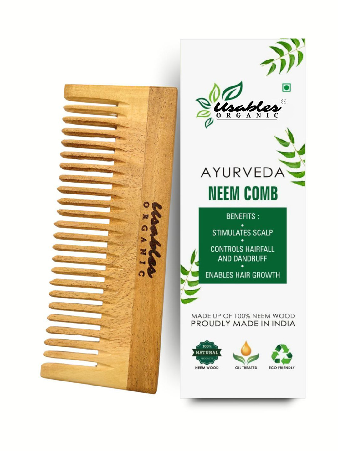 Usables ORGANIC Unisex Neem Wide Tooth Wooden Comb