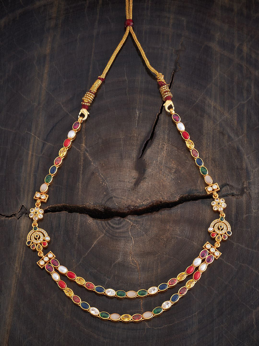 Kushal's Fashion Jewellery 92.5 Pure Silver Gold-Plated Stone Studded Navaratna Necklace