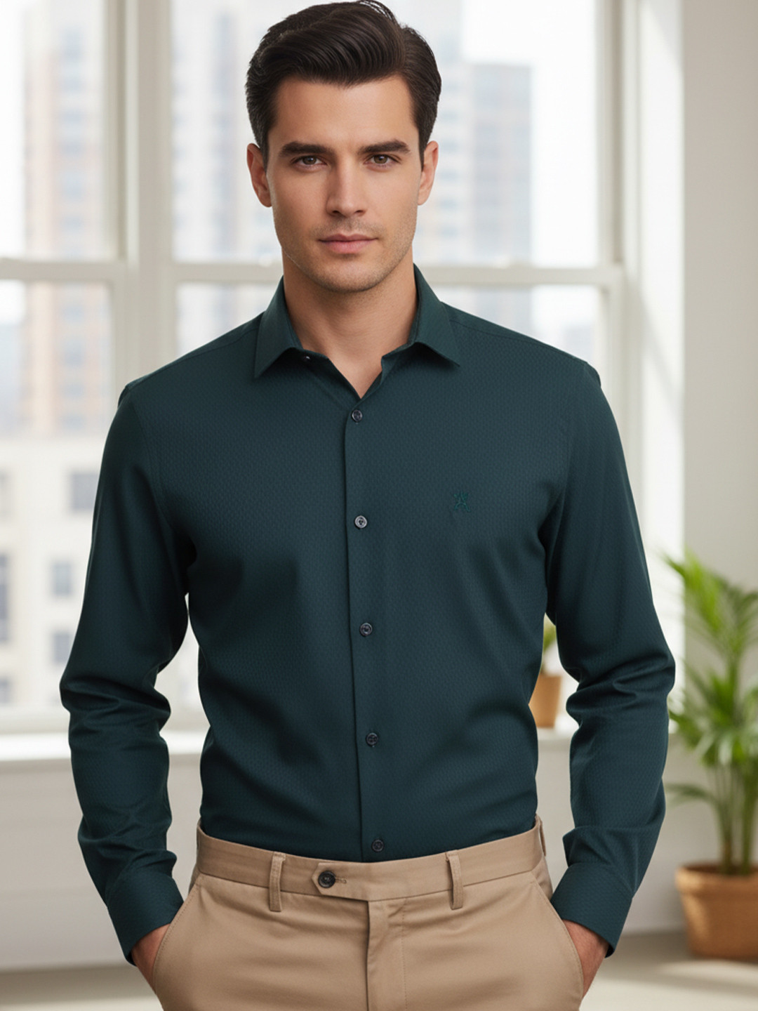 ALMATY Men Comfort Slim Fit Solid Spread Collar Pure Cotton Formal Shirt