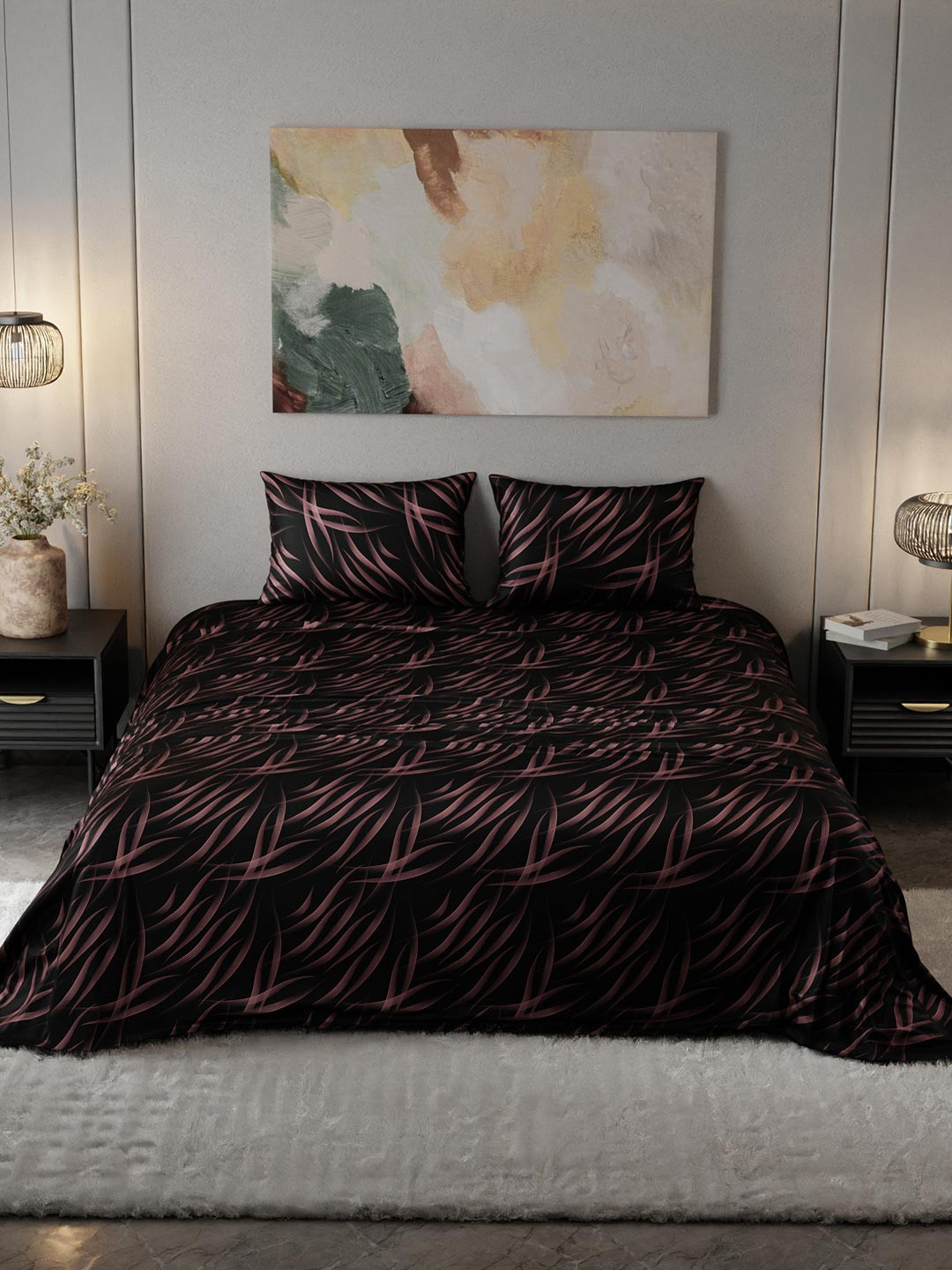 Stoa Paris Rose Gold Graphic Polyester 300 TC King Fine Bedsheet with 2 Pillow Covers-108 x 90 inches