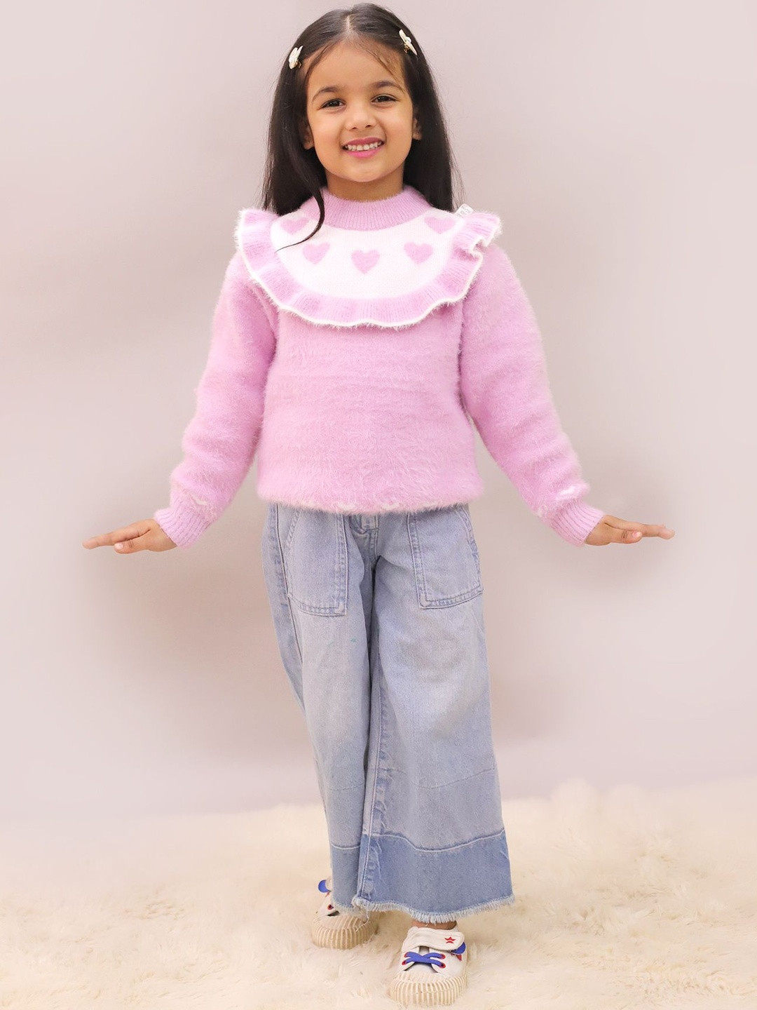 LITTLE GINNIE Girls Printed Woollen Pullover with Fuzzy Detail