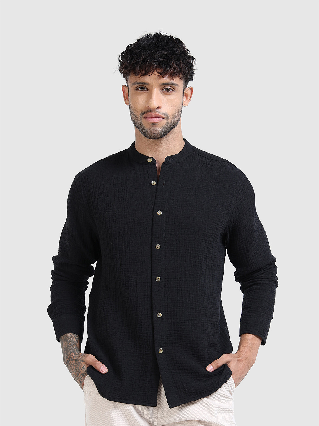 StitchX Men's Full Sleeve Textured Double Cloth Mandarin Collar Shirt