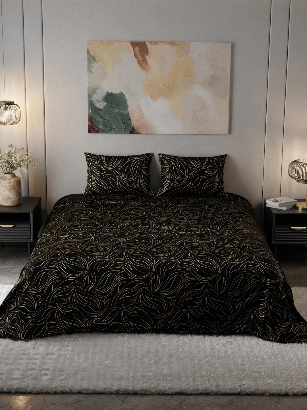 Stoa Paris Noir Collection Midnight Opera Gold Abstract Polyester 300 TC King Fine Bedsheet with 2 Pillow Covers-72 x 78 inches