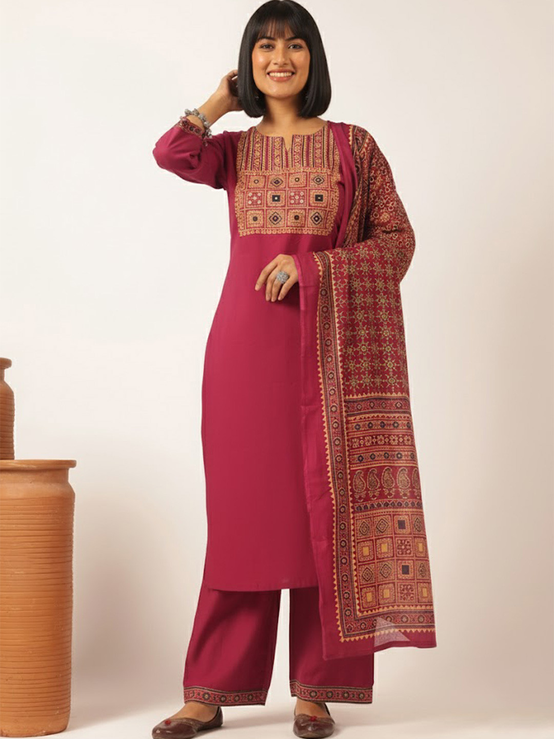 GULMEHAK Floral Yoke Design Notch Neck Pure Cotton Kurta With Palazzos & Dupatta