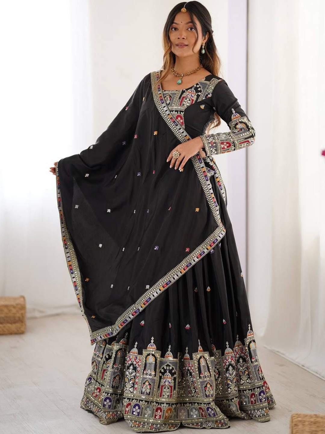 JIHU CULTURE Embellished Mirror Work Semi Stitched Lehenga & Blouse With Dupatta