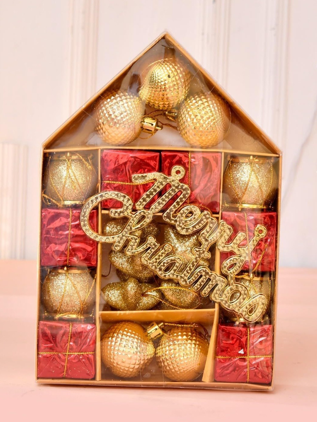 CraftVatika 24Pcs Red & Brown Glossy Lightweight Reusable Christmas Hanging Organments