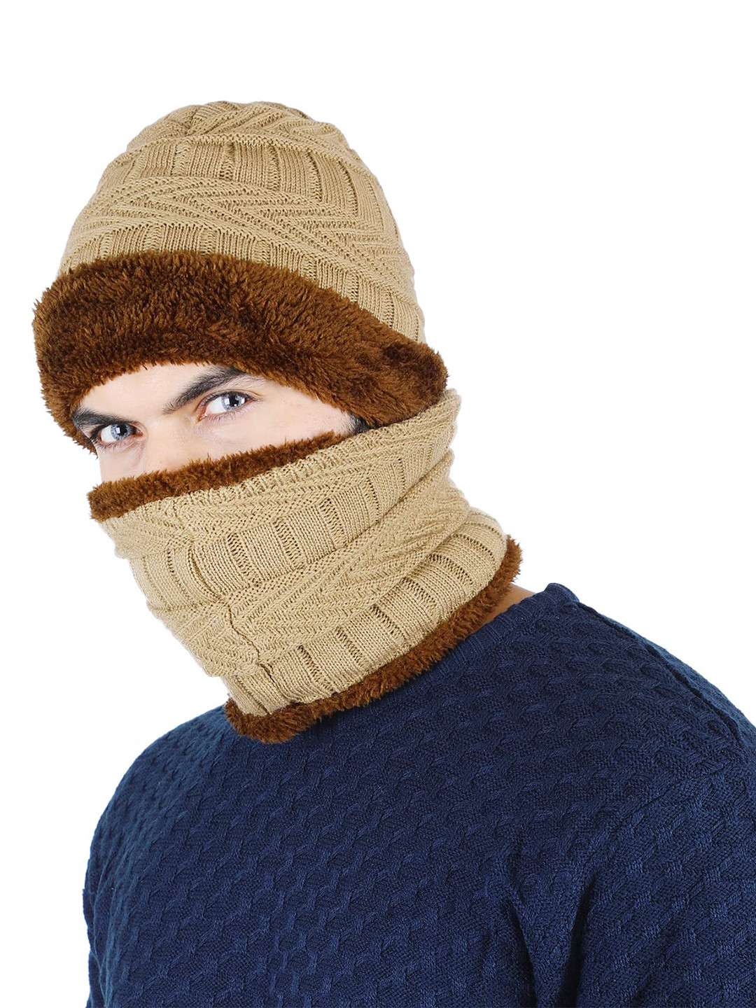 Bharatasya Men Acrylic Wool Beanie with Neck Scarf