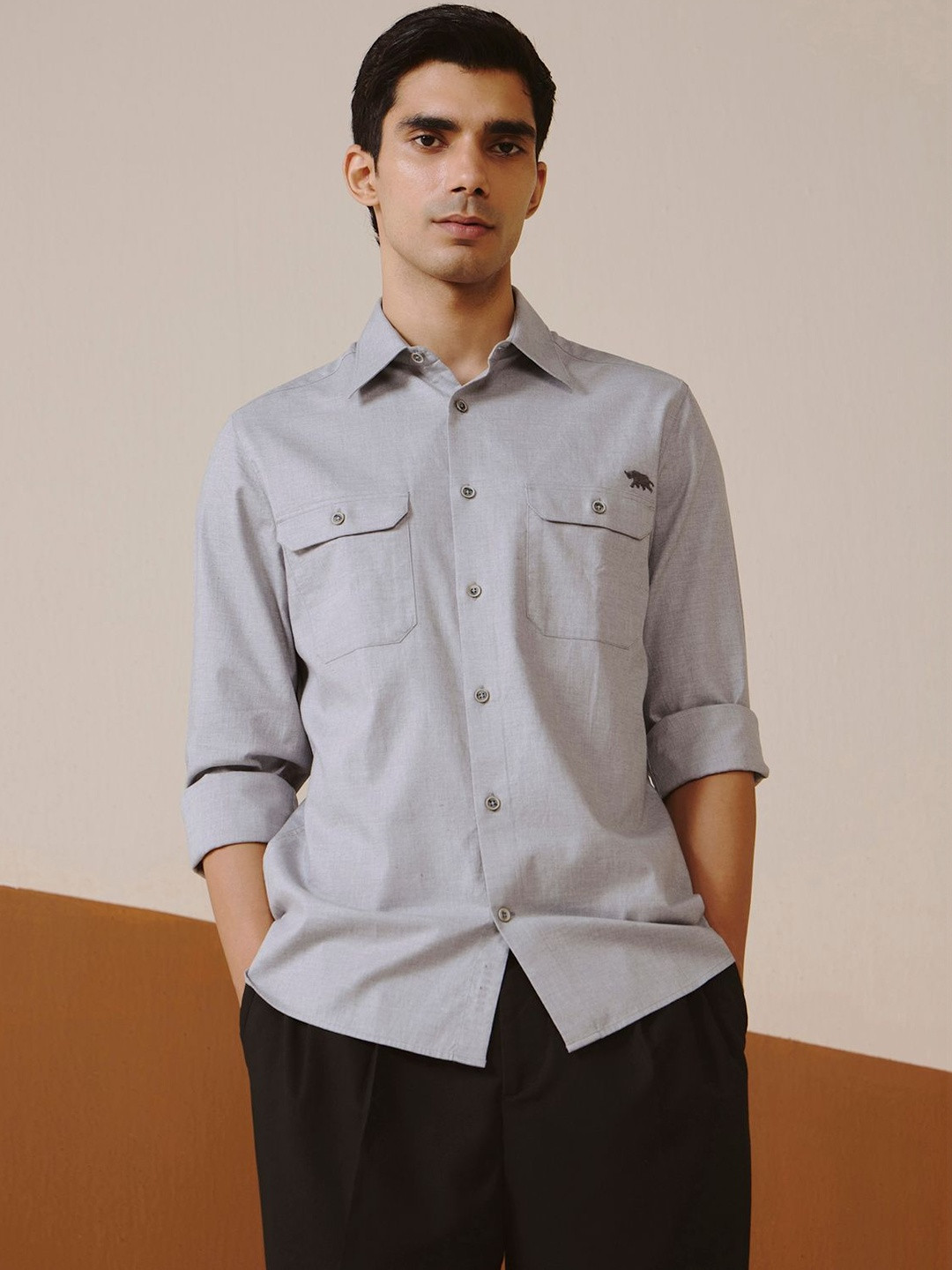 Andamen Men Cotton Lycra Melange Double Pocket Semi Casual Slim Fit Shirt