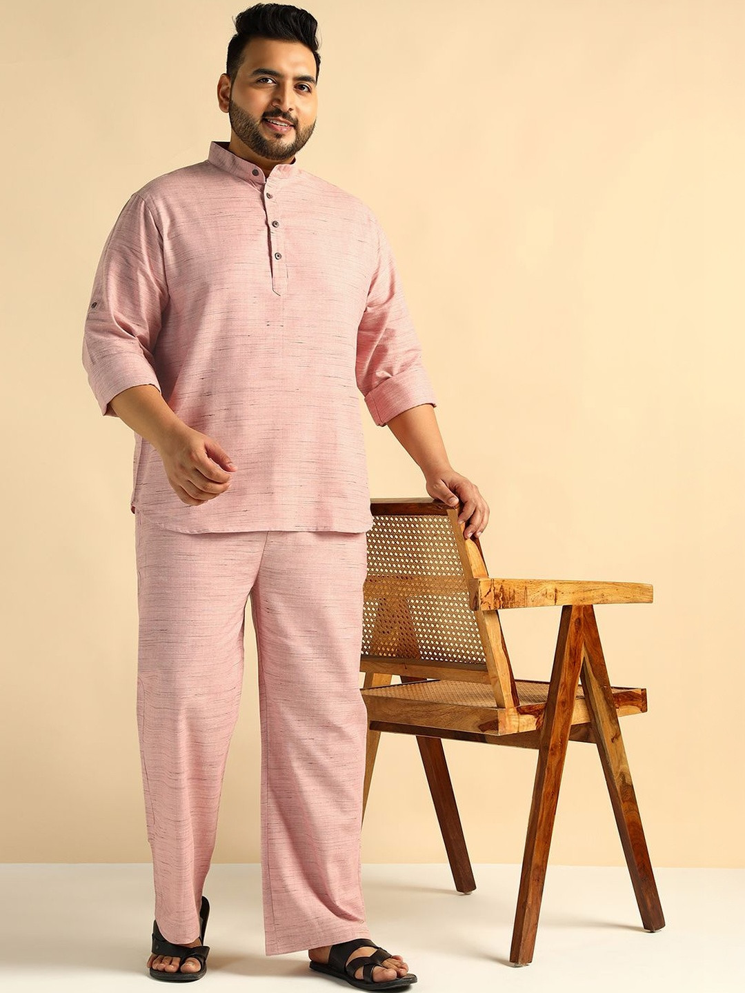 Amanush Men Self Design PureCotton Mandarin Neck & Long Sleeves Shirt With Trouser Co-Ords