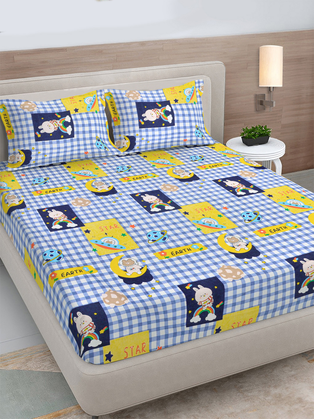 FABINALIV Blue Cartoon Print Polycotton 300 TC King Fine Bedsheet with 2 Pillow Covers