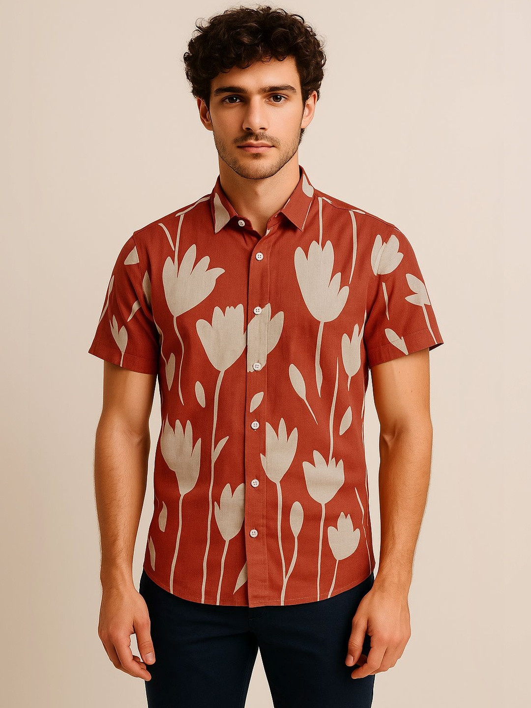 DYMORA Men Rust Red Floral Printed Cotton Shirt