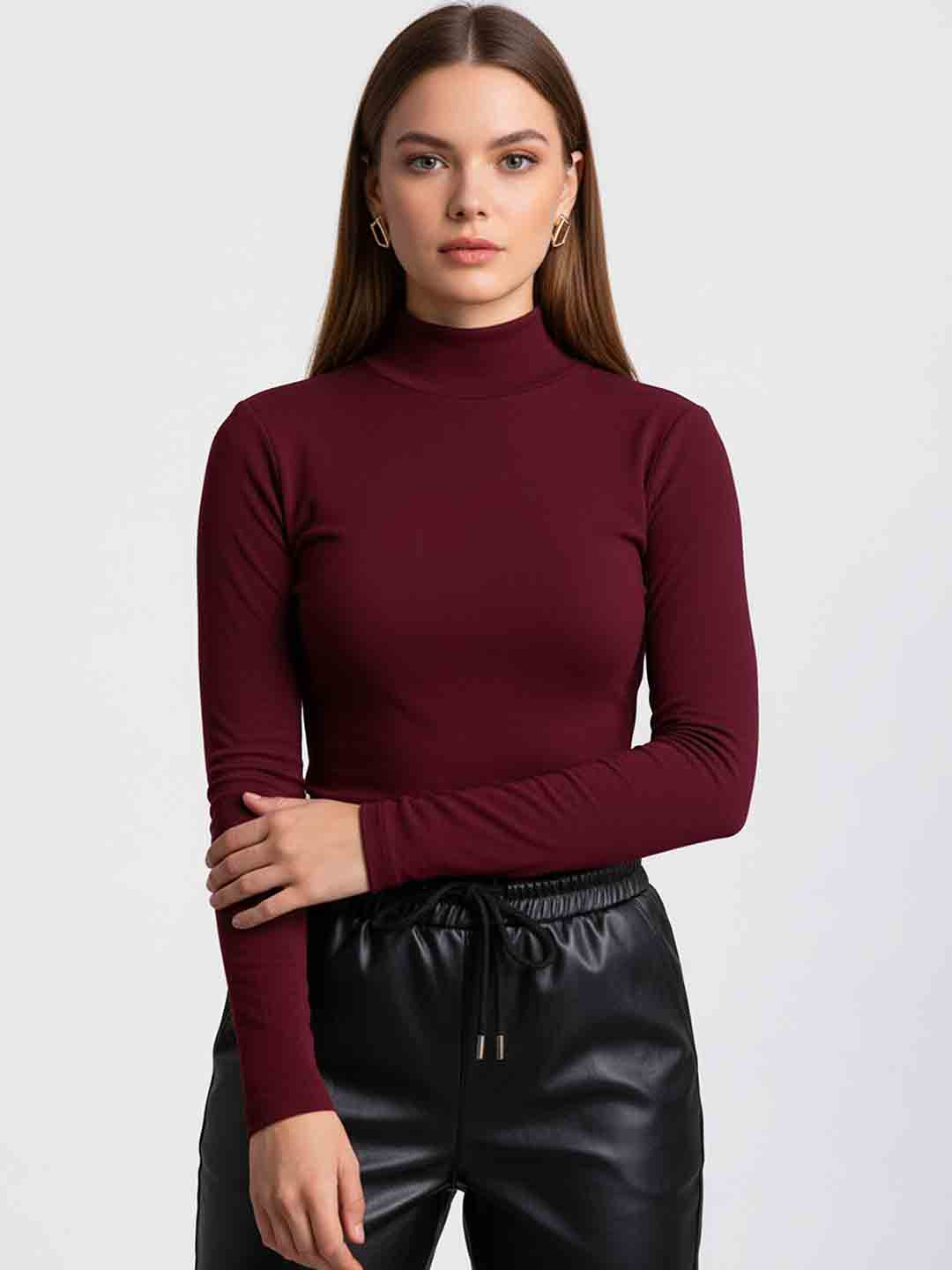 SASSAFRAS Burgundy High Neck Ribbed Top
