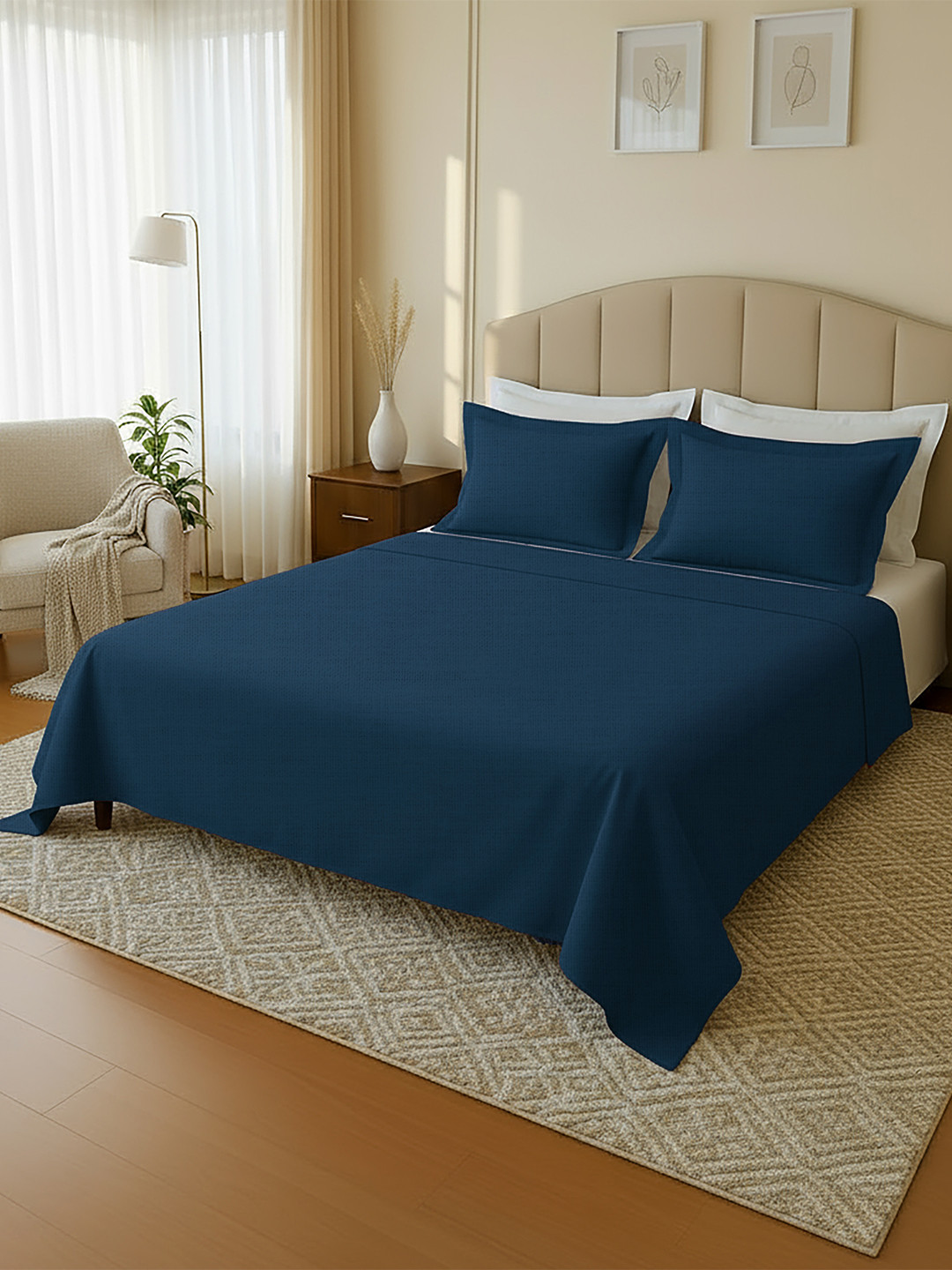 MAYFAIR HOMES LONDON Navy Blue Cotton 144 TC King Bedsheet with 2 Pillow Covers-90 x 56 inches