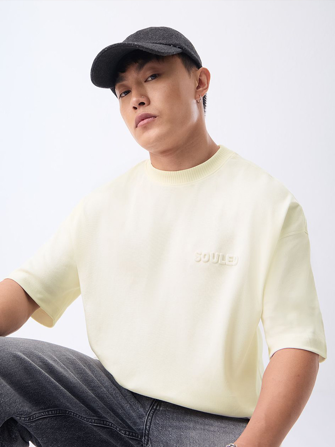 The Souled Store Men Brand Logo Printed Drop-Shoulder Sleeves T-shirt