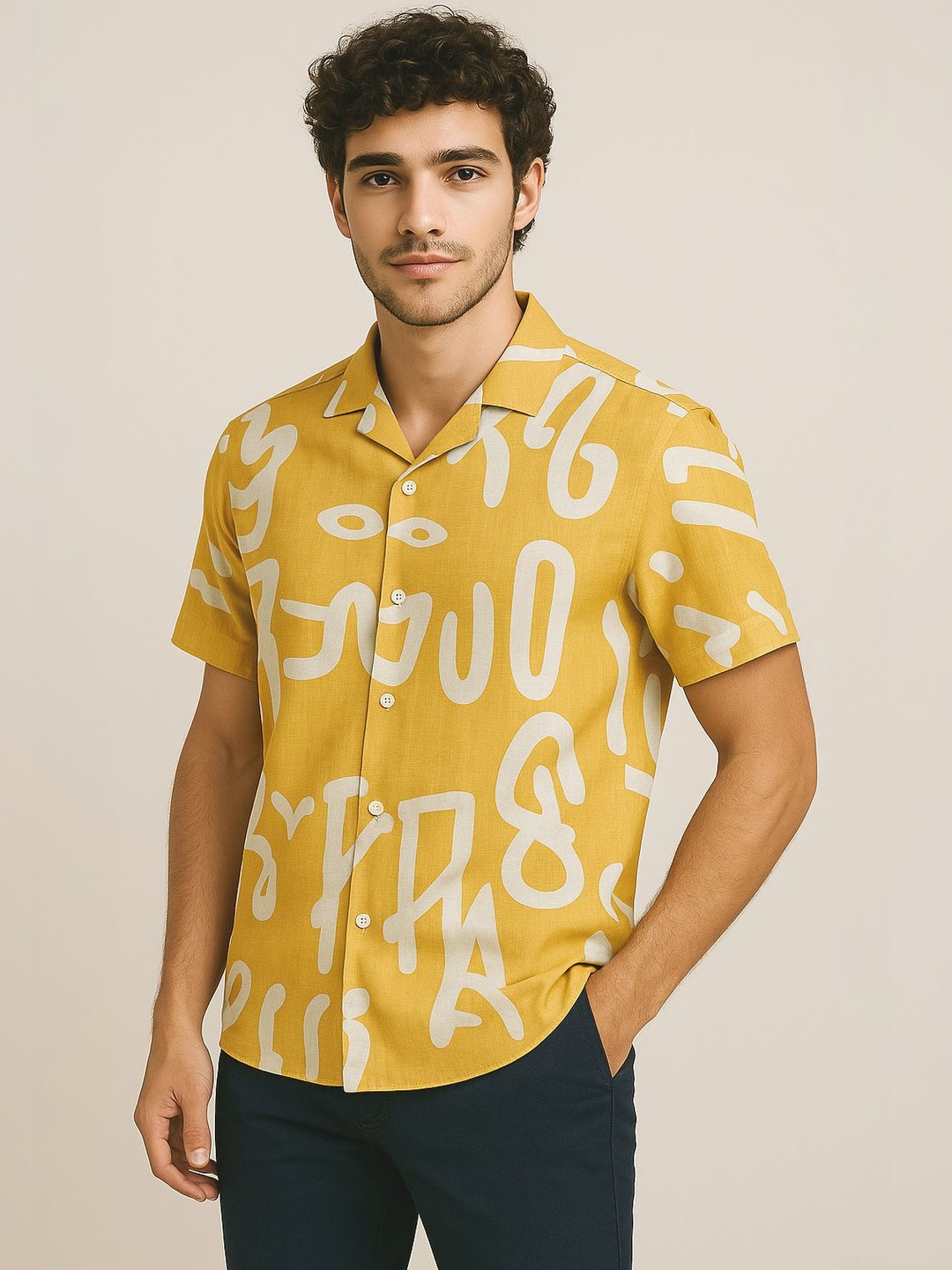 DYMORA Men Mustard Yellow Abstract Printed Cuban Collar Shirt