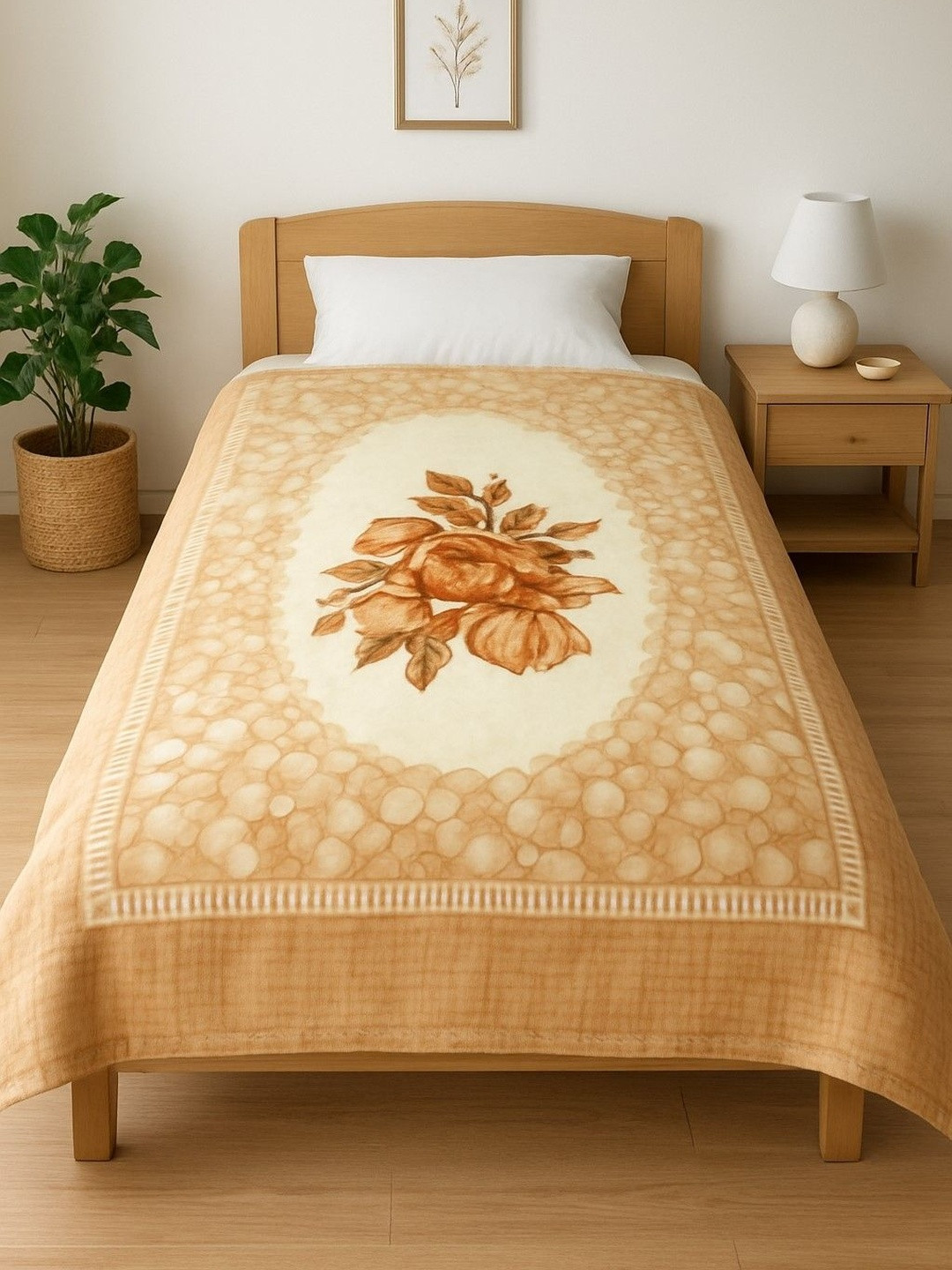 Signature Yellow & Camel Brown Floral Heavy Winter 350 GSM Blanket