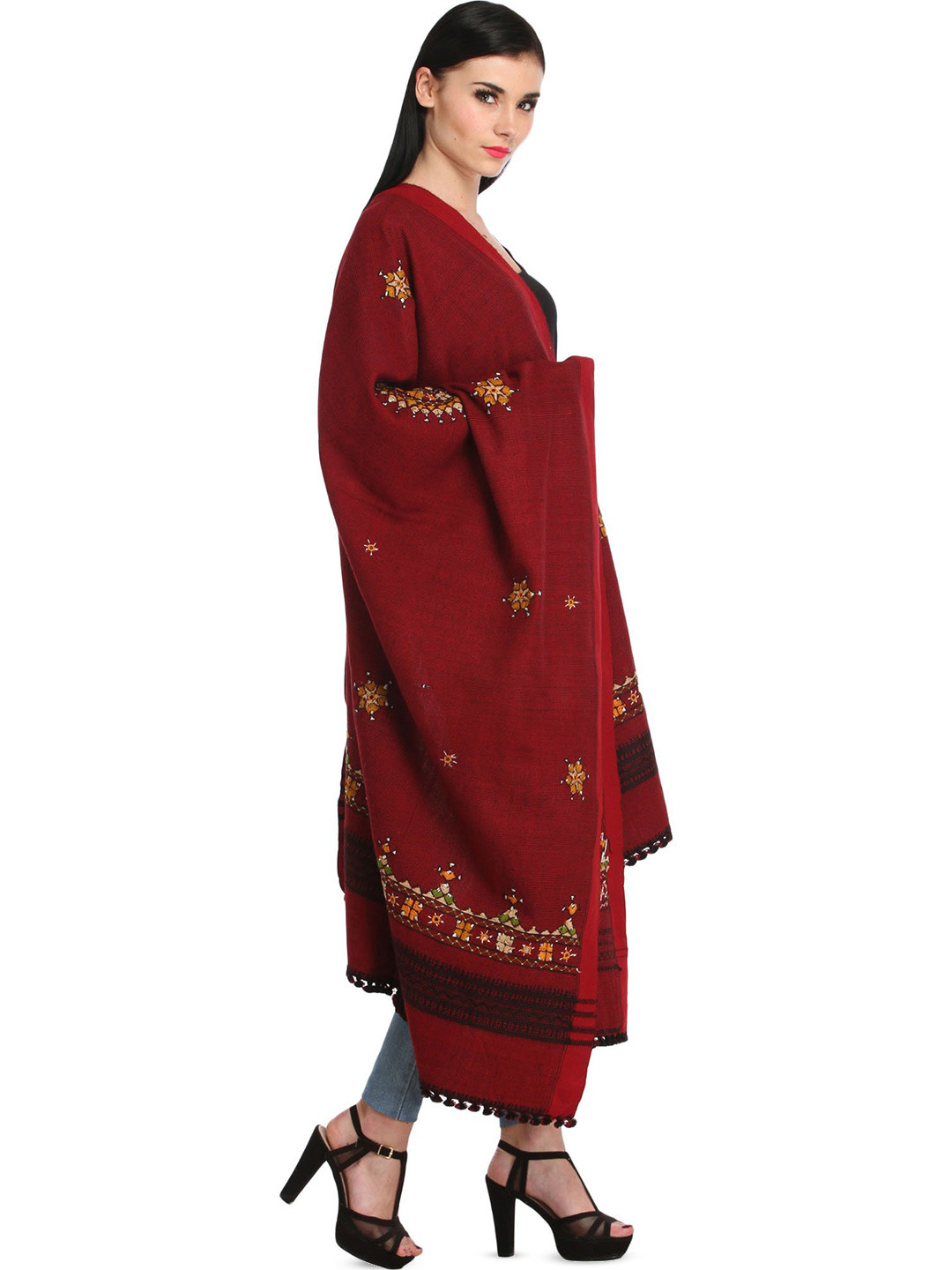 Exotic India Rosewood Shawl with Central Embroidered Chakra and Mirrors