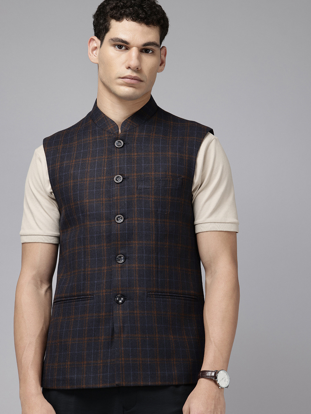 ColorPlus Mandarin Collar Checked Nehru Jacket