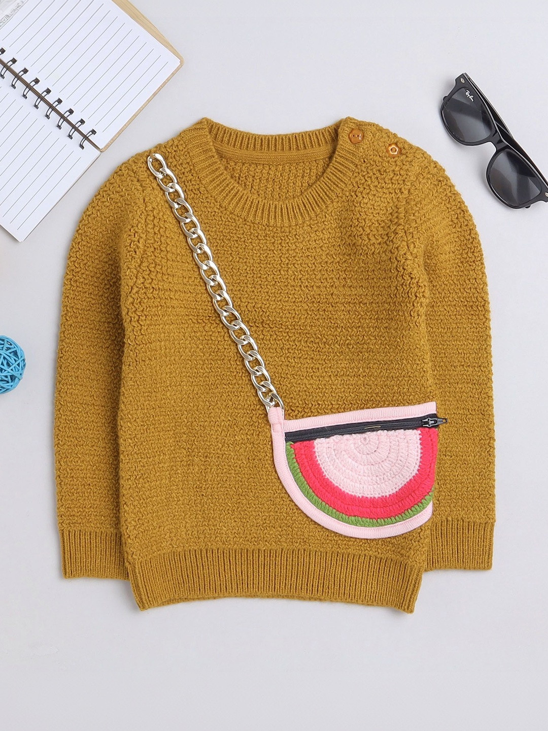 Yellow Apple Girls Cable Knit Pullover with Applique Detail