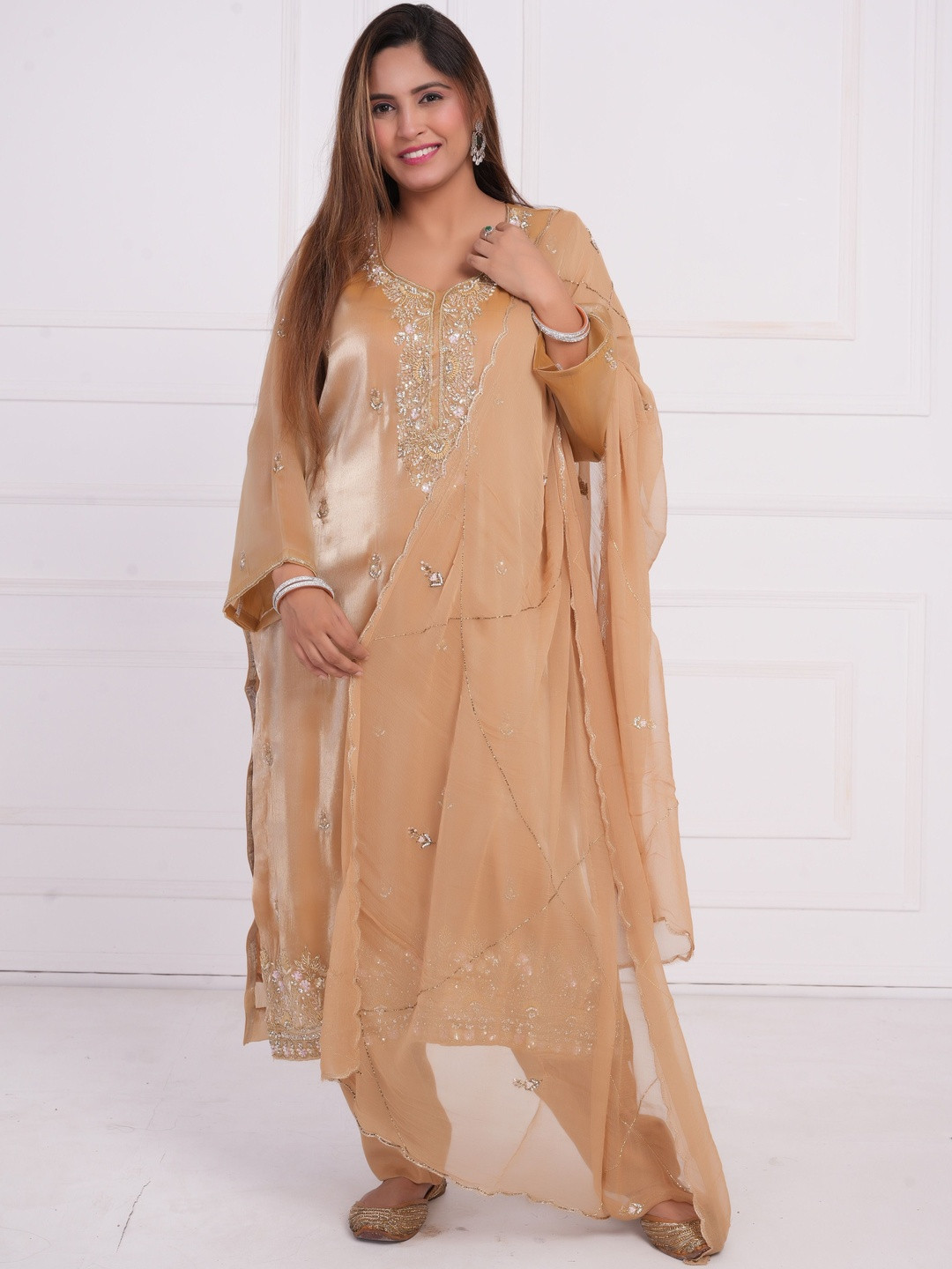 WOMENIC Women Ethnic Motifs Embroidered Regular Silk Chiffon Kurta with Salwar & With Dupatta