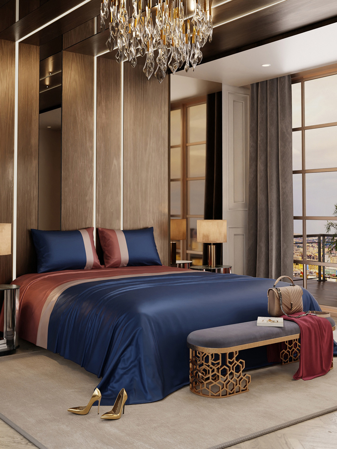 Stoa Paris Urbain Blue Striped Polyester 300 TC King Fine Bedsheet with 2 Pillow Covers-108 x 90 inches