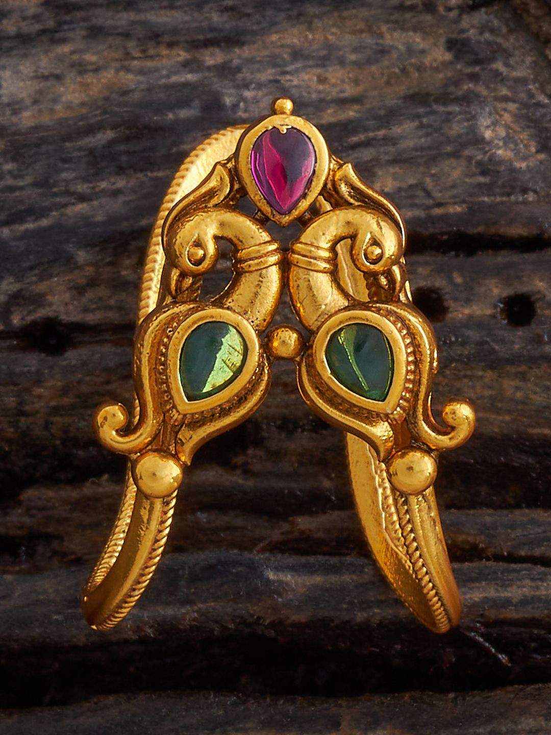 Kushal's Fashion Jewellery Gold-Plated Ruby Studded Antique Finger Ring