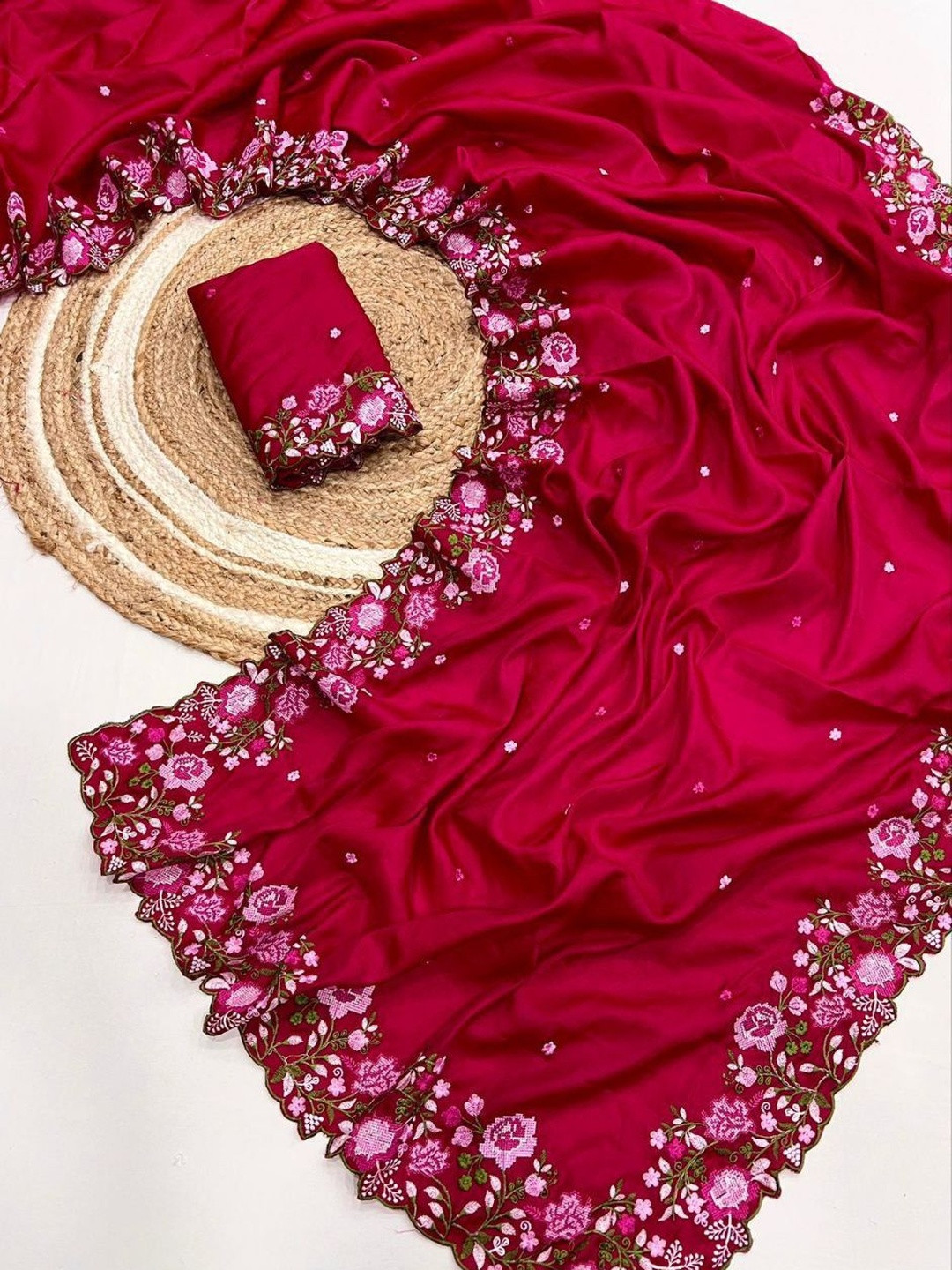 ARKIA Floral Embroidered Silk Blend Heavy Work Tussar Saree