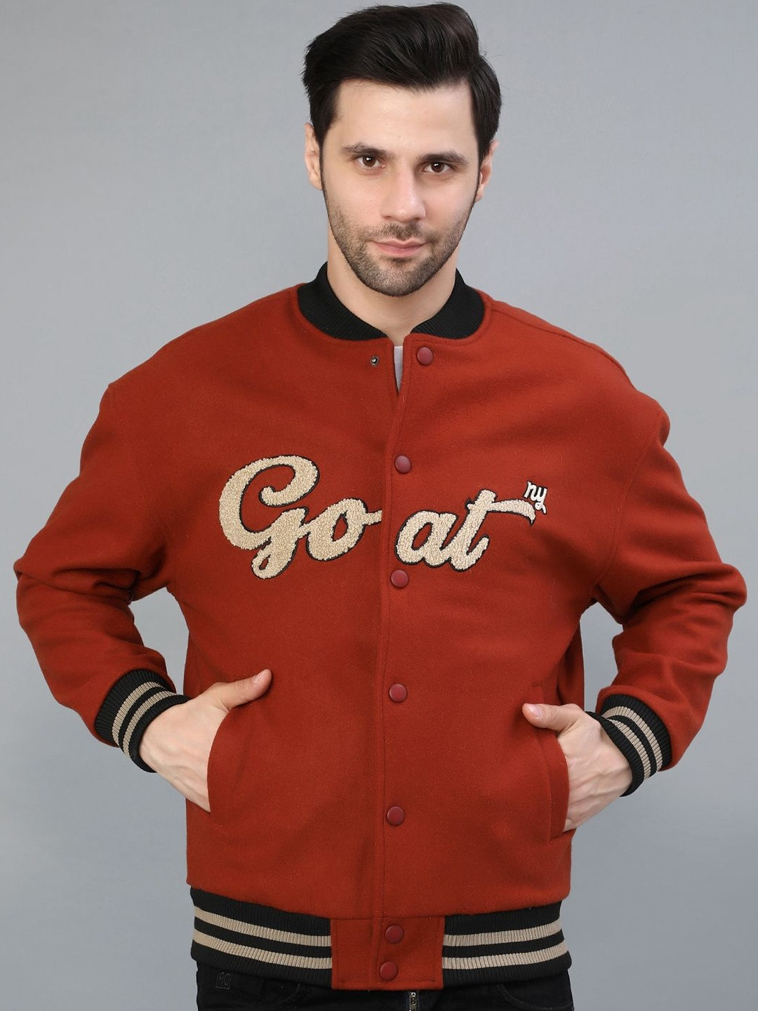 V-Mart Men Typography Varsity Jacket Embroidered