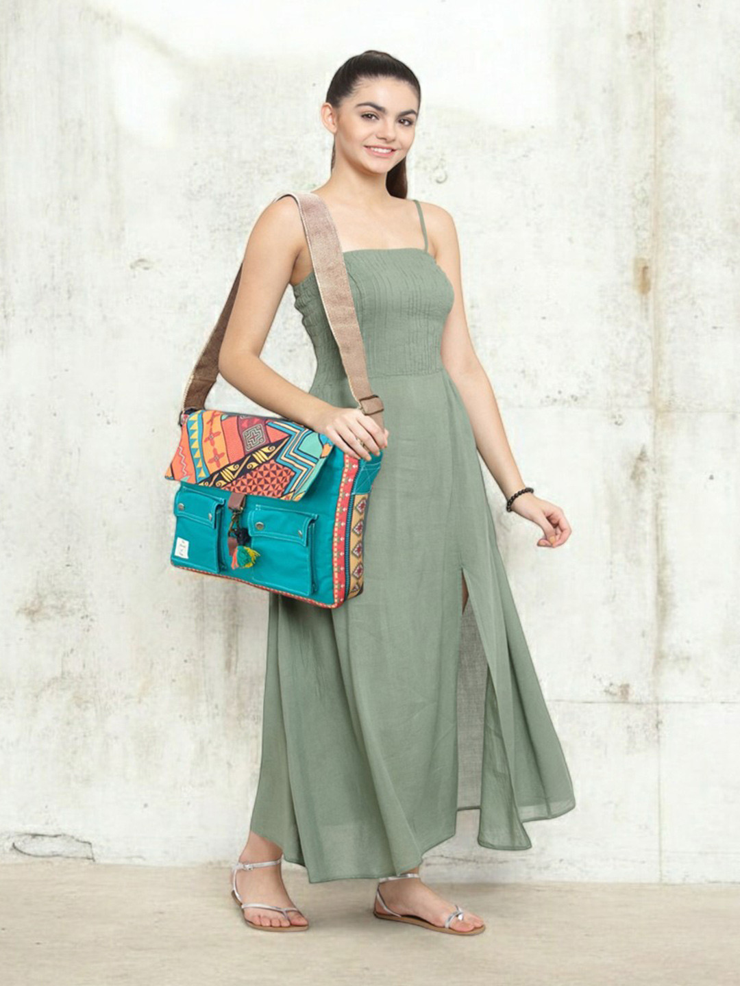 The House of Tara Unisex Teal & Orange Printed Messenger Bag