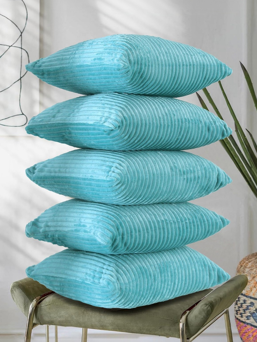 RD TREND Teal Set of 5 Striped Velvet Square Cushion Covers