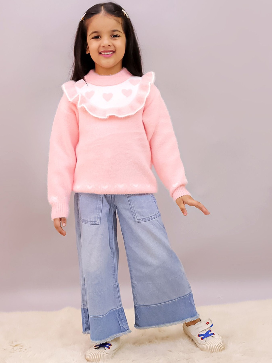 LITTLE GINNIE Girls Cable Knit Woollen Pullover with Fuzzy Detail