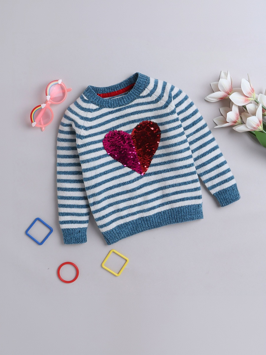 Yellow Apple Girls Striped Pullover with Embellished Detail