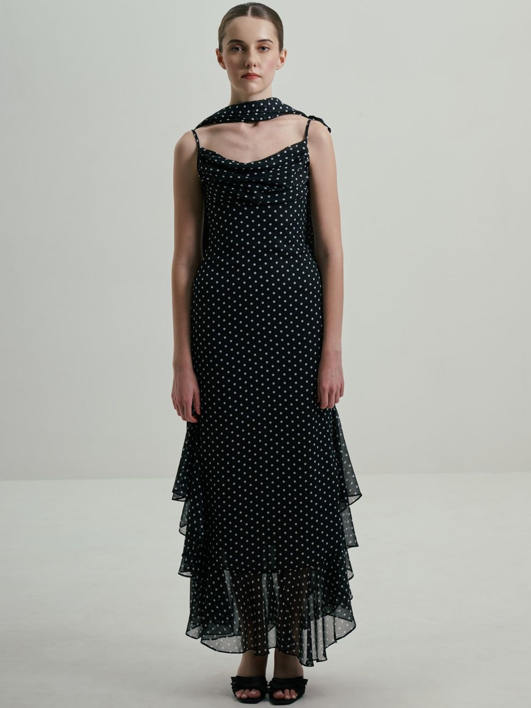 SOTBELLA Polka Dot Print Cowl Neck Ruffled Chiffon Bodycon Maxi Dress