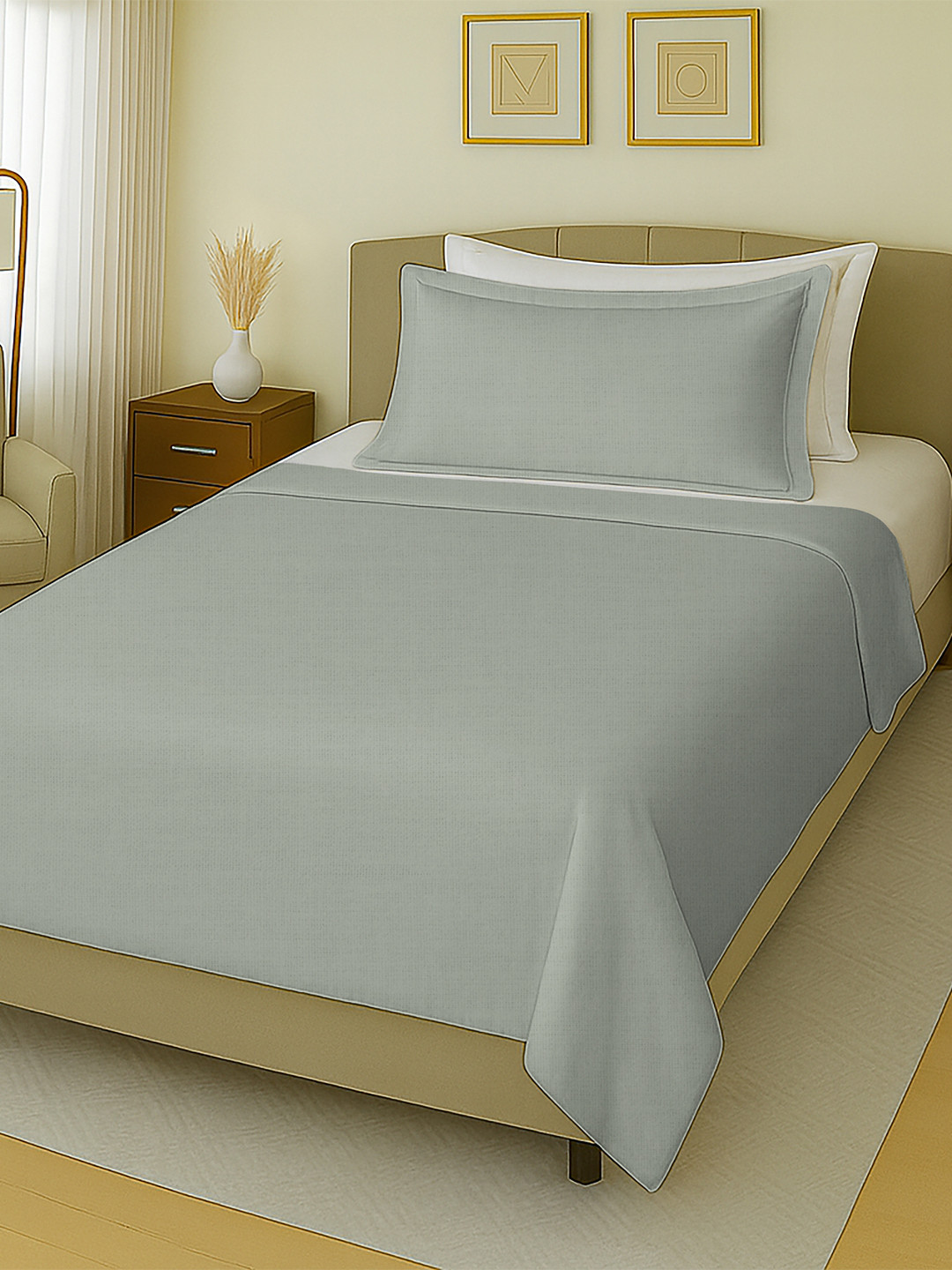 MAYFAIR HOMES LONDON Grey Pure Cotton 144 TC Single Bedsheet with a Pillow Cover-60 x 88 inches