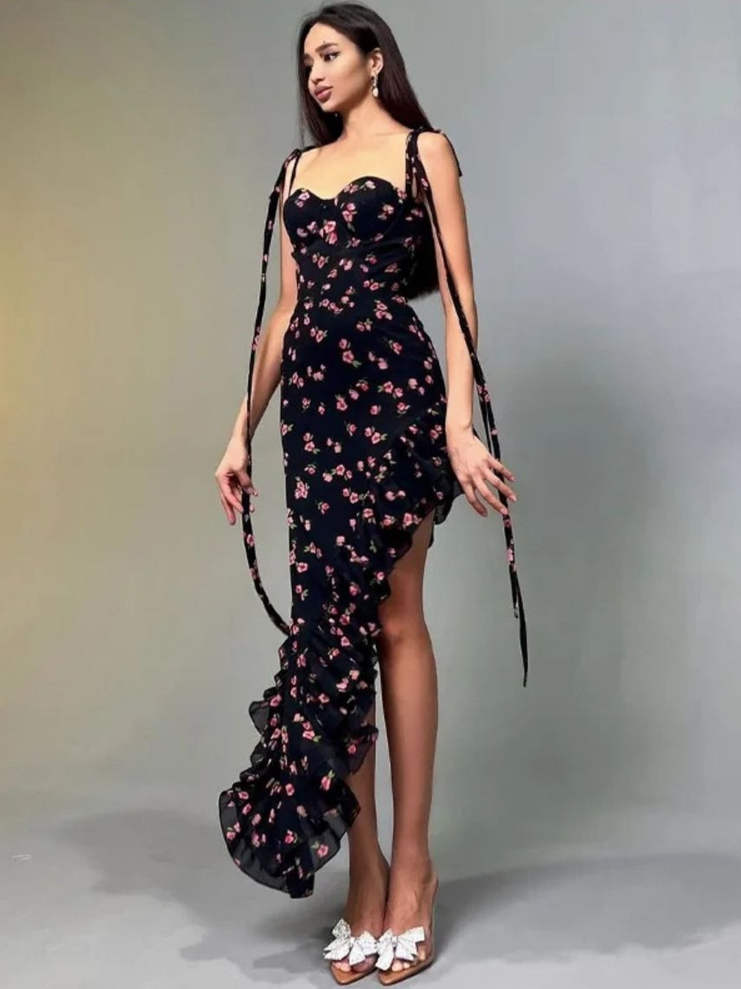 The Purple Chique Floral Print Ruffled Maxi Dress