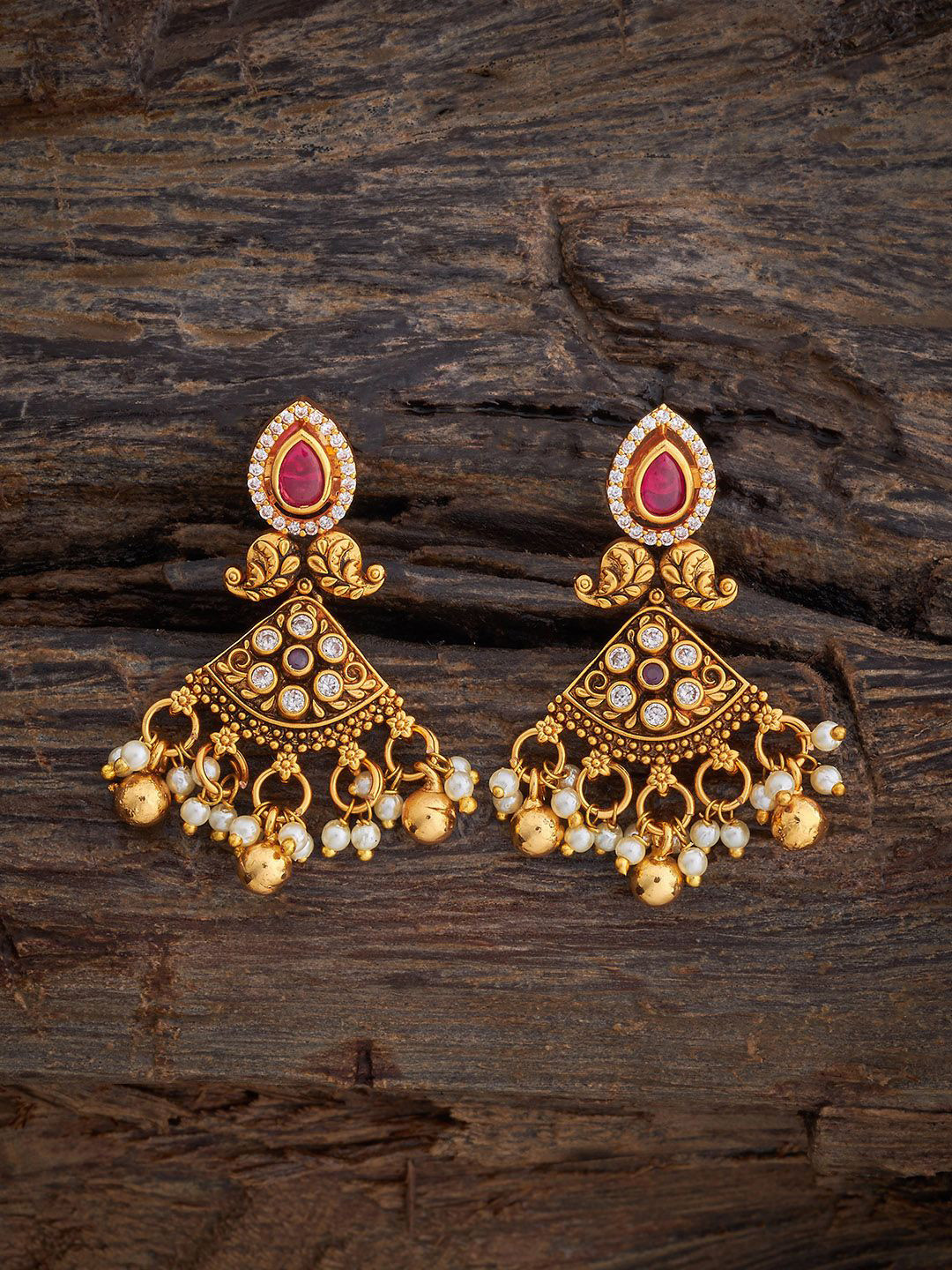 Kushal's Fashion Jewellery Gold-Plated Stone Studded & Beaded Antique Drop Earring