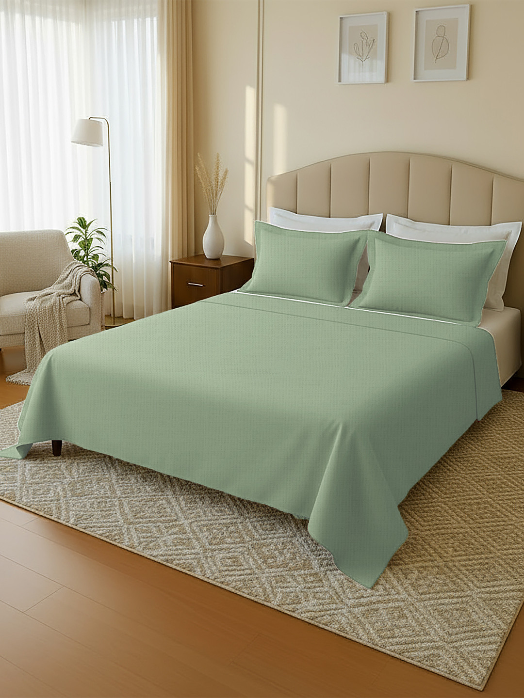 MAYFAIR HOMES LONDON Green Solid 144 TC Cotton 1 Queen Bedsheet with 2 Pillow Covers
