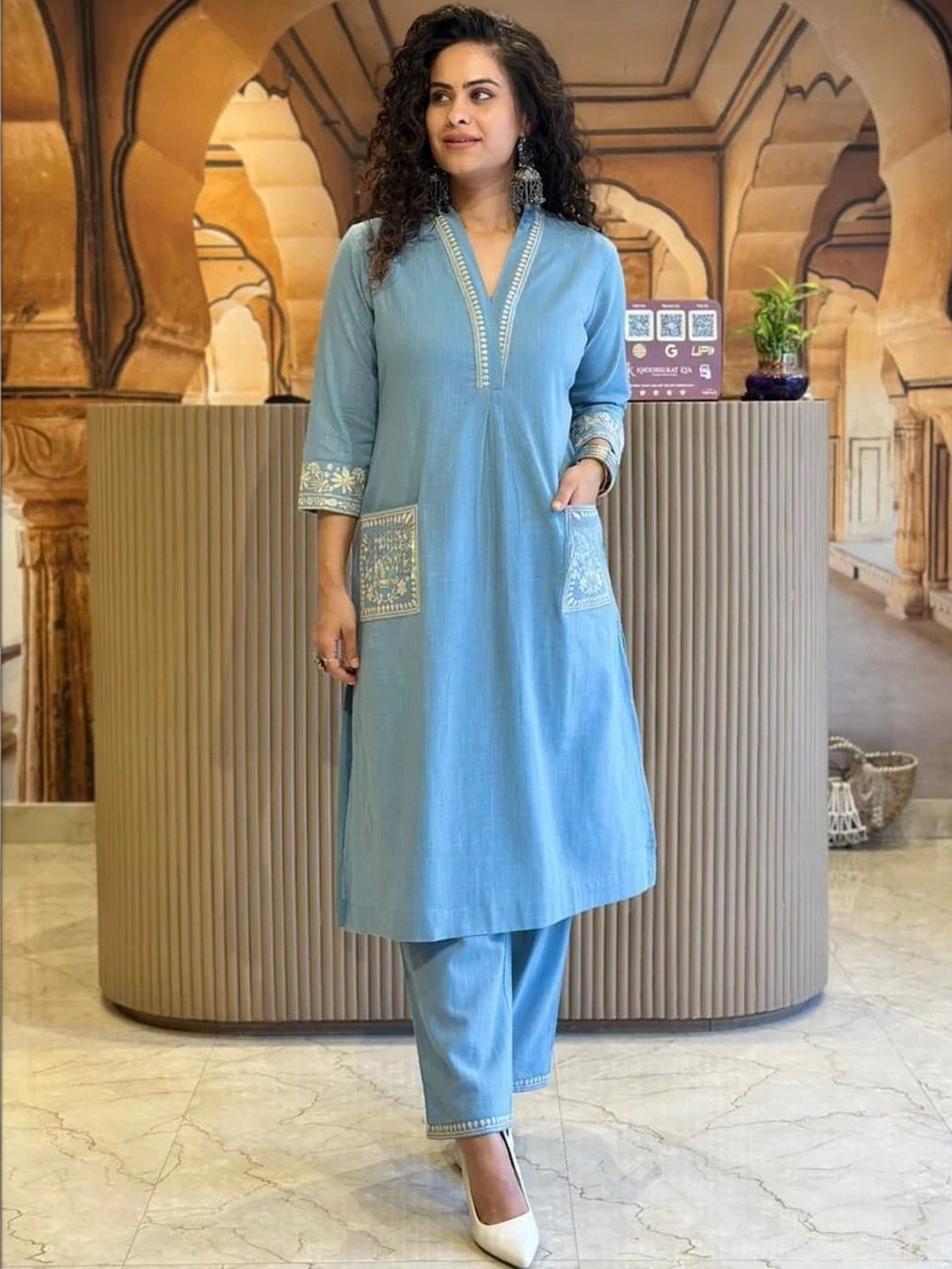 NavNari Printed Pure Cotton Polo Collar Top With Trousers Co-Ords