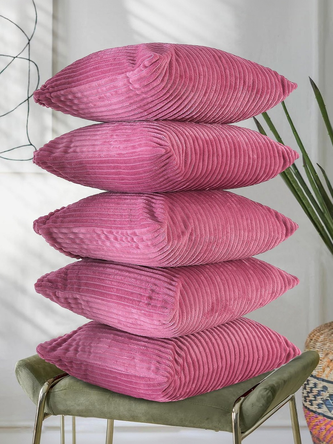 RD TREND Rose Set of 5 Striped Corduroy Square Cushion Covers