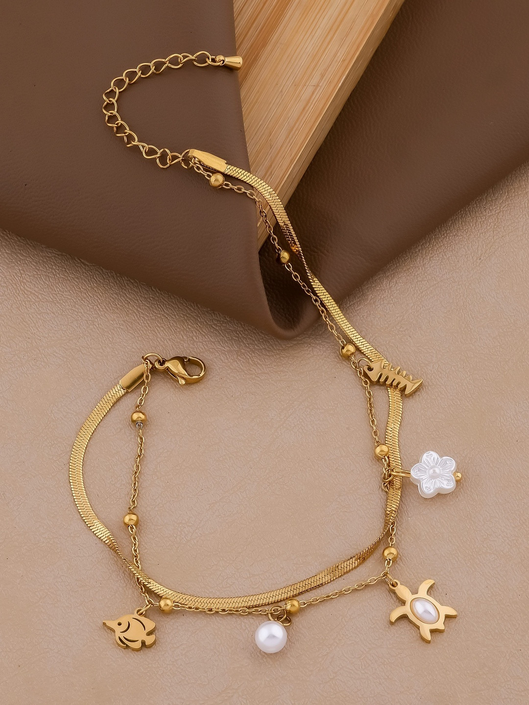 QUERALT Brass-Plated Artificial Stones Ocean Charm Anklet